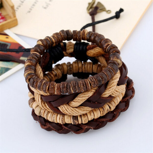 4pcs Retro Leather Bracelet Handmade Multi-layer Wristband Cuff Bangle Jewelry (1)