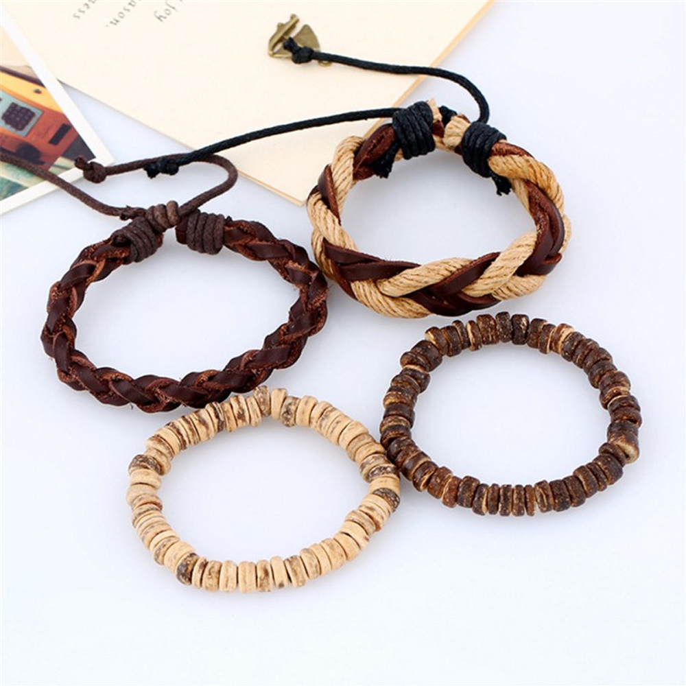 4pcs Retro Leather Bracelet Handmade Multi-layer Wristband Cuff Bangle Jewelry (2)