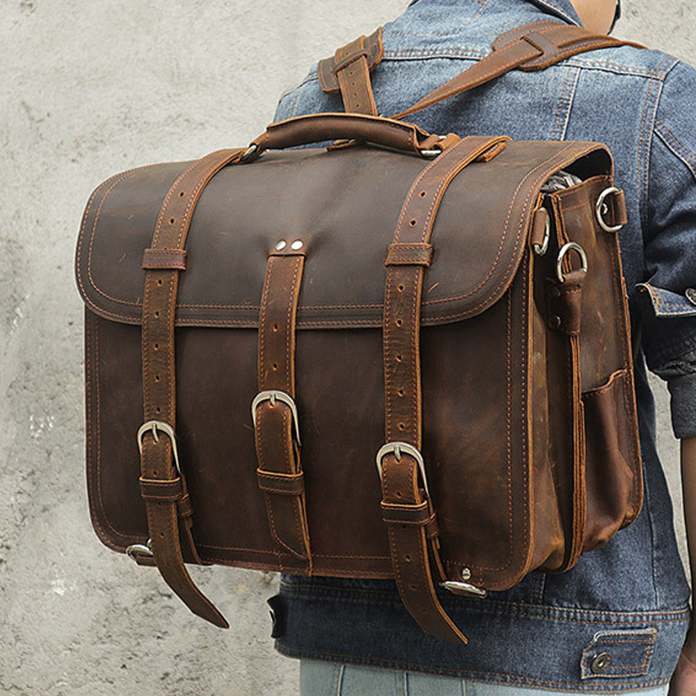 Men Single or Double Shoulder Dual Purpose Leather Briefcase Totes Satchel Bag (24)