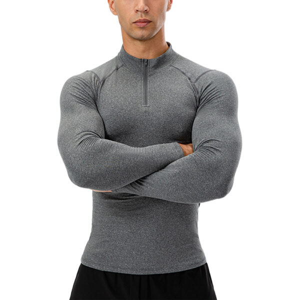 Mens Stand Up Collar Fleece Fitness Clothes High Elastic Tight Long Sleeves Shirt for Men
