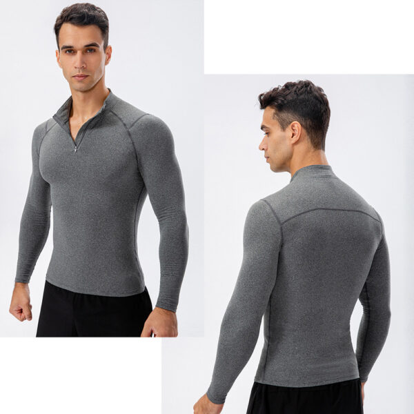 Mens Stand Up Collar Fleece Fitness Clothes High Elastic Tight Long Sleeves Shirt for Men (20)