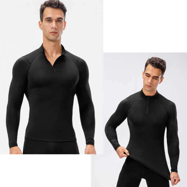 Mens Stand Up Collar Fleece Fitness Clothes High Elastic Tight Long Sleeves Shirt for Men (22)