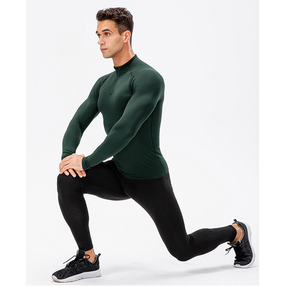 Mens Stand Up Collar Fleece Fitness Clothes High Elastic Tight Long Sleeves Shirt for Men (27)